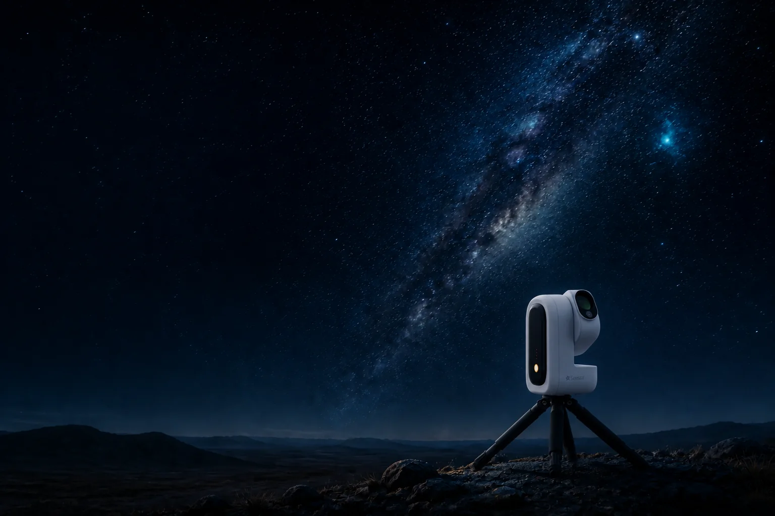 Artystyczna scena inteligentnego teleskopu Seestar S50 Pro ustawionego pod nocnym niebem